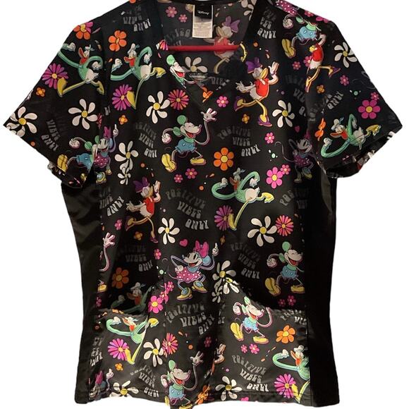 EUC Disney Positive Vibes Print SS pockets side slit Sz L scrub top - Picture 4 of 4